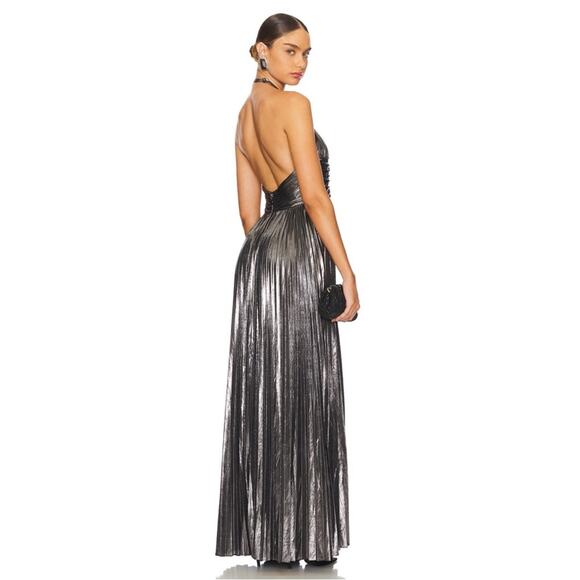Retrofete Reiss Ruched Pleated Halterneck Metallic Gunmetal Maxi Dress Size L - Picture 2 of 9